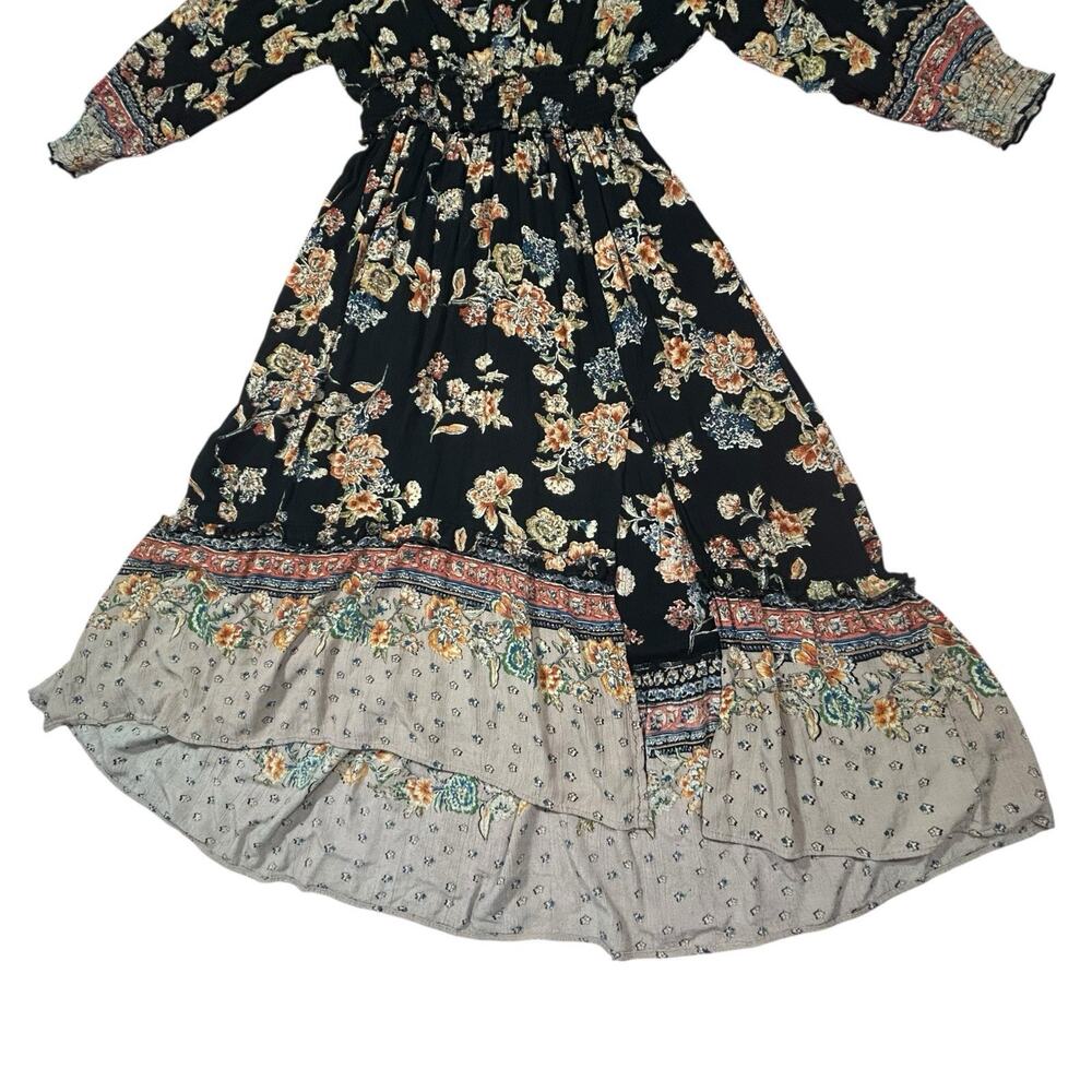 ANGIE Women’s Black Midi Dress Sz L Flowy Boho Floral High Low Smocked Slit - Picture 5 of 16